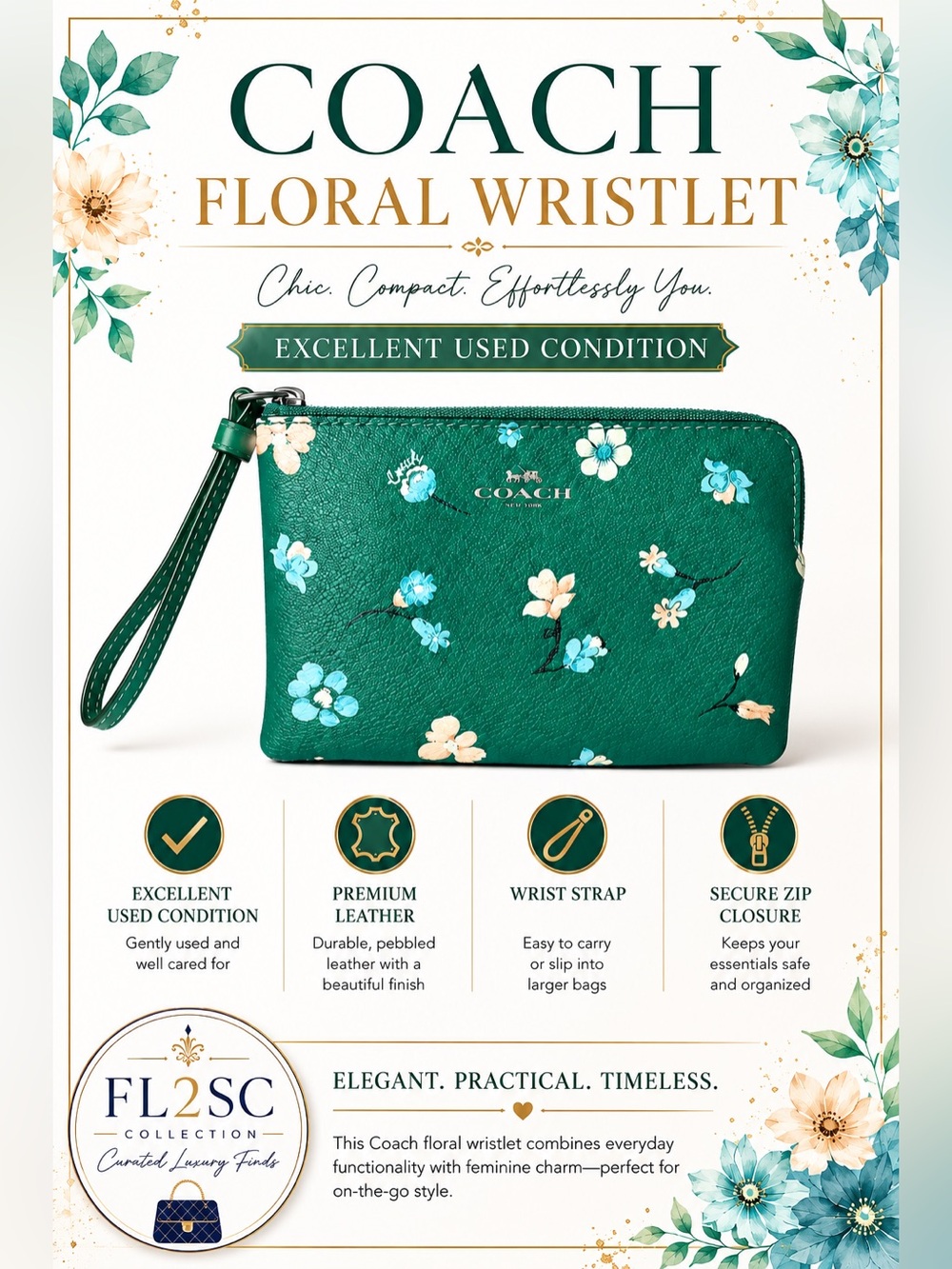 EUC Coach Green Floral Wristlet Clutch - Picture 2 of 4